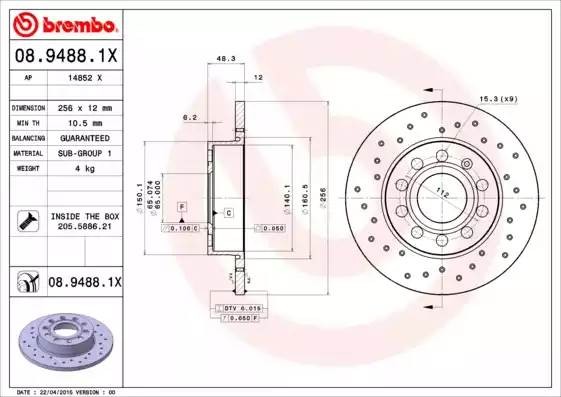 0894881X BREMBO 08.9488.1X_ДИСК  ТОРМОЗНОЙ  ЗАДНИЙ!  ПЕРФОР.  XTRA  SKO