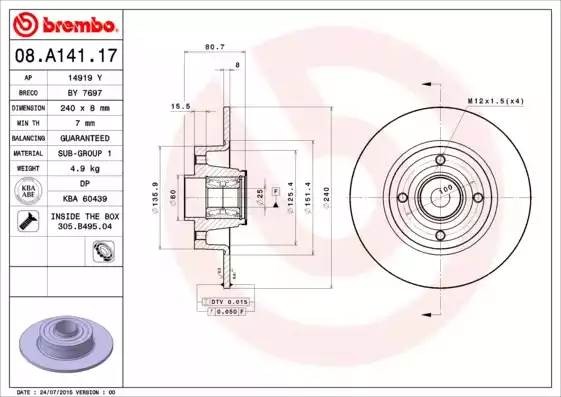 08A14117 BREMBO Тормозной  диск