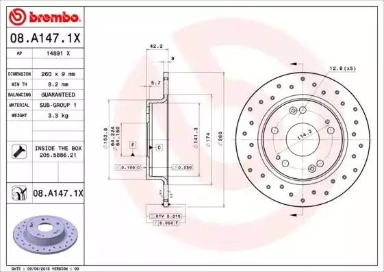 08A1471X BREMBO 08.A147.1X_ДИСК  ТОРМОЗНОЙ  ЗАДНИЙ!  ПЕРФОРИРОВАННЫЙ