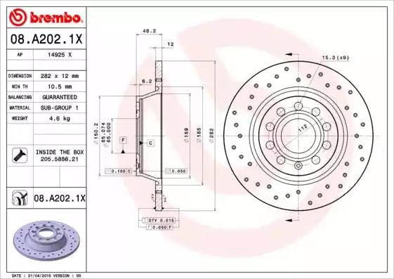 08A2021X BREMBO 08.A202.1X_ДИСК  ТОРМОЗНОЙ  ЗАДНИЙ!  ПЕРФОРИРОВАННЫЙ
