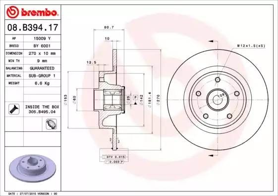 08B39417 BREMBO Тормозной  диск