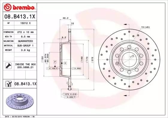 08B4131X BREMBO 08.B413.1X_ДИСК  ТОРМ.  ЗАД.!  ПЕРФОР.  XTRA  AUDI  A3,