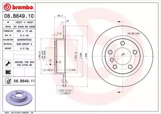 08B64911 BREMBO Диск тормозной задний